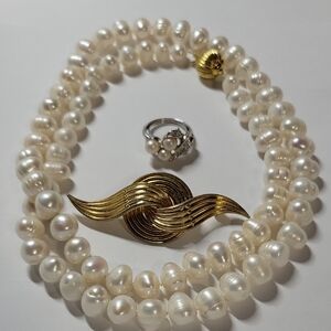 Classic Pearl Necklace with Gold Tone Wave Brooch and Pearl Ring Set